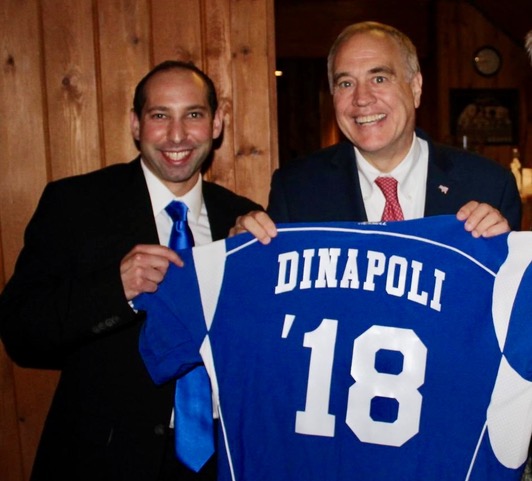 Frank Puglisi (left), shown here in a 2018 photo with state Comptroller Thomas DiNapoli, has stepped down as chairman of the Cattaraugus County Democratic Committee after seven years. (Cattaraugus County Democratic Committee Photo)