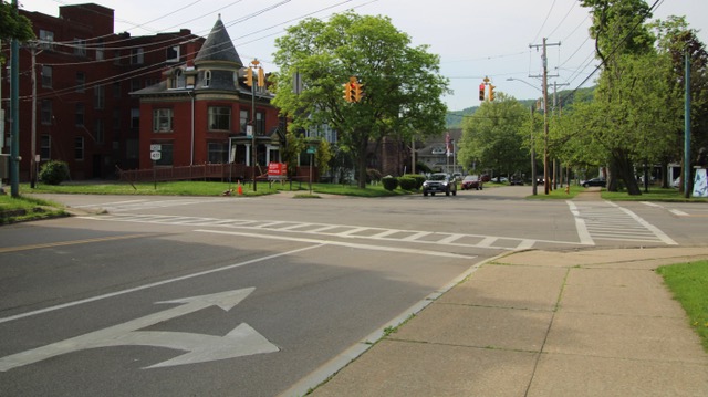 The Intersection at East State and Barry streets will become a mini roundabout in Phase III of Walkable Olean which got underway Monday. Expect traffic delays. (Rick Miller/Olean Star)