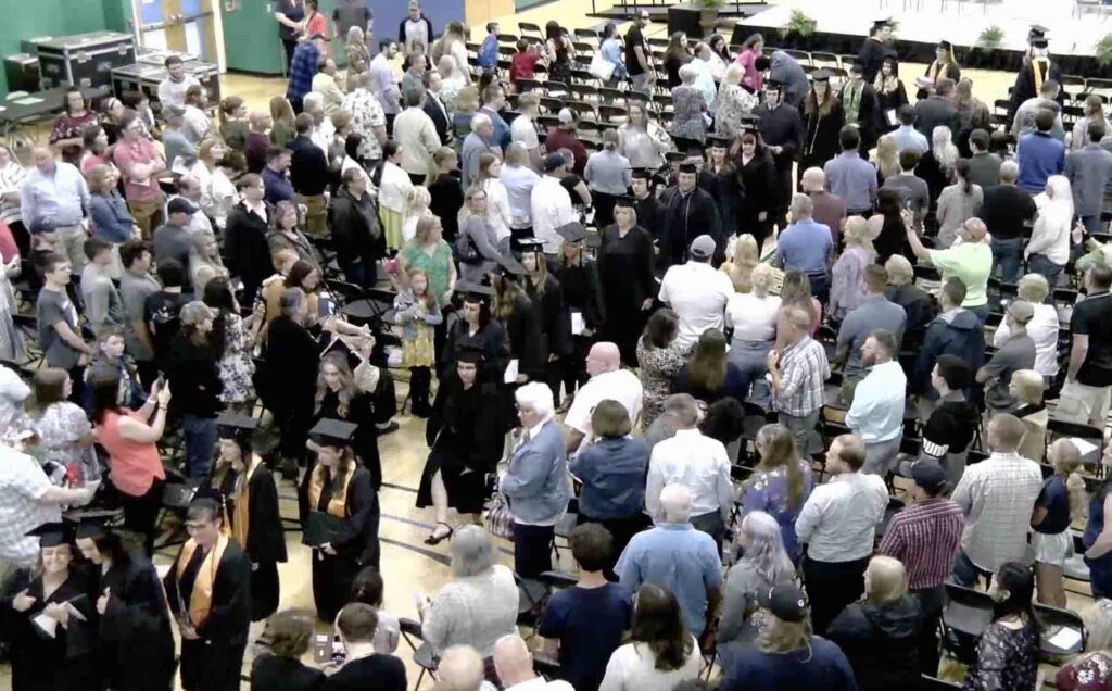 (JCC Olean) Jamestown Community College graduates march out of their Commencement Ceremony at Olean YMCA Friday after receiving their degrees.