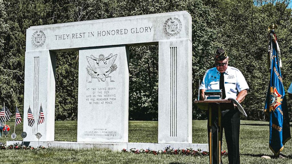 (Daniella Langianese/Star News Photo) Commander Don Langley of the Veterans of Foreign Wars, Post 212 of Bradford, spoke about honoring and remembering all those lost to wars, both foreign and domestic, during a Memorial Service under sunny skies on Sunday morning in Willow Dale Cemetery in Bradford.
