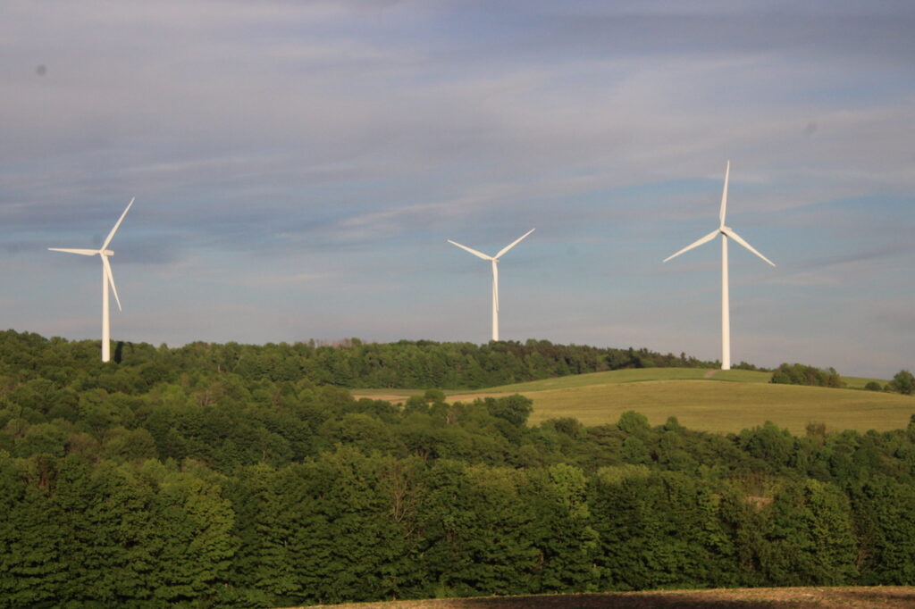 (Rick Miller/Olean Star) These wind turbines are located in the town of Stockbridge in Central New York. Cattaraugus County and Alle-Catt Wind Energy LLC have agreed on a road use agreement for construction of the 340-megawatt wind farm in five towns in Cattaraugus, Allegany and Wyoming counties.