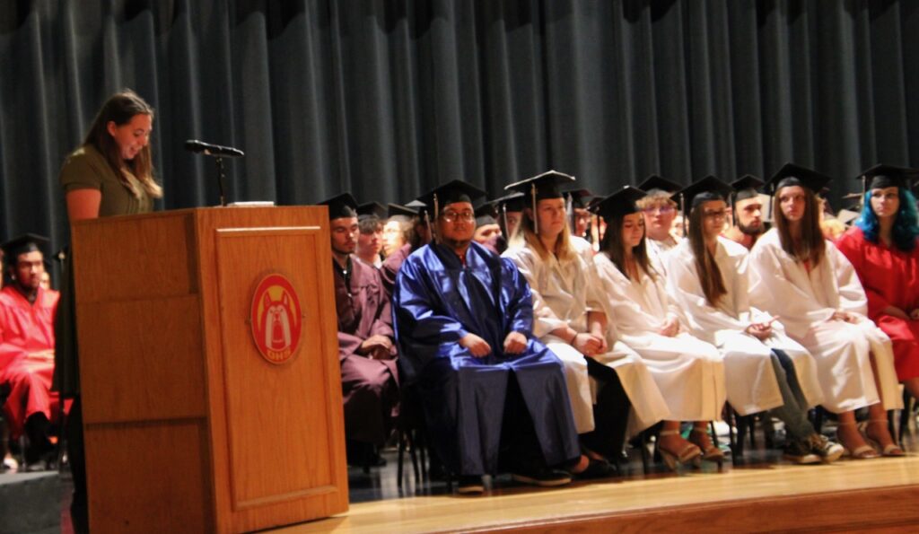 (Rick Miller/Olean Star) Brook Morgan, 2018 graduate of the Olean Career Technical Education Center, where she majored in Animal Science, is the 2024 recipient of the William J. O’Connell Award. She addressed graduates Friday night.