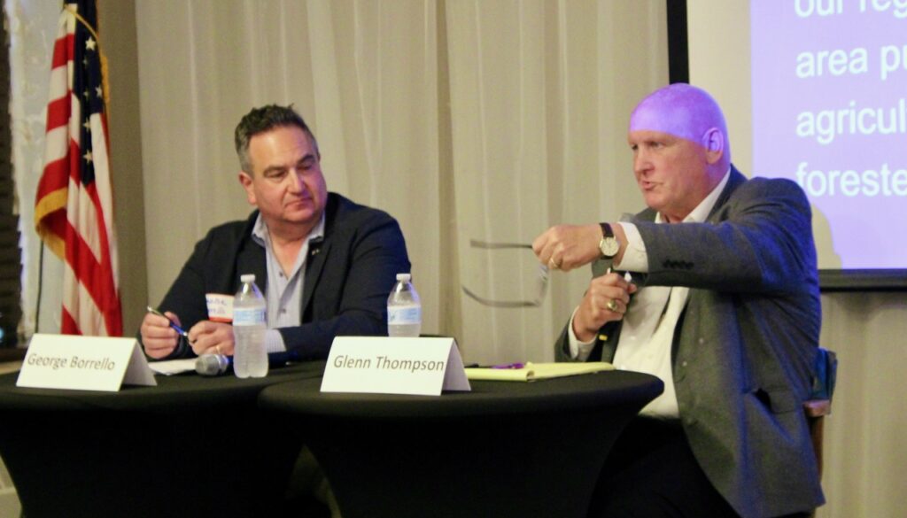 (Rick Miller/Olean Star) House Agriculture Committee Chairman Glenn GT Thompson (right), gestures during remarks at the Right Thinkers meeting Monday. At left is State Sen. George Borrello.
