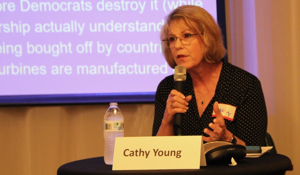 (Rick Miller/Olean Star) Former State Sen. Cathy Young of Olean, addresses members of the Right Thinkers on Monday. She resigned in 2019 to become director of the Center for Excellence for Food and Agriculture at Cornell Ag Tech.
