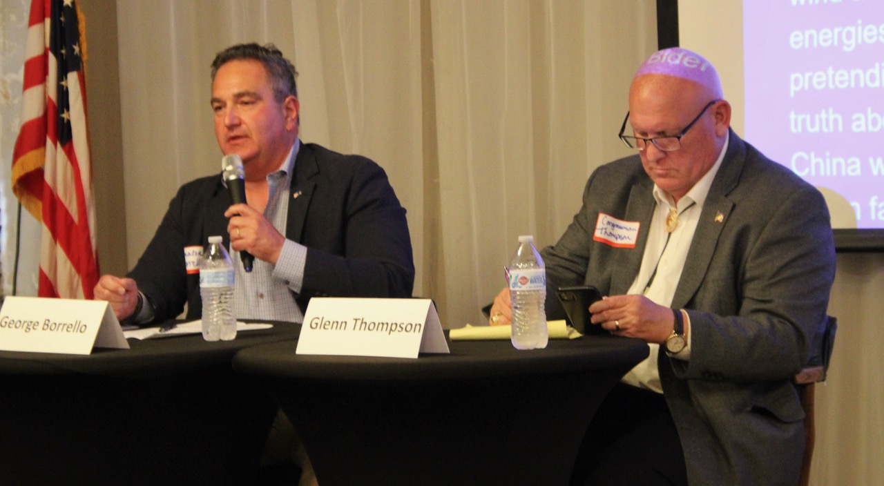 (Rick Miller/Olean Star) State Sen. George Borrello (left) speaks at the Right Thinkers meeting on agriculture Monday. At right is House Agriculture Chairman Glenn “GT” Thompson.