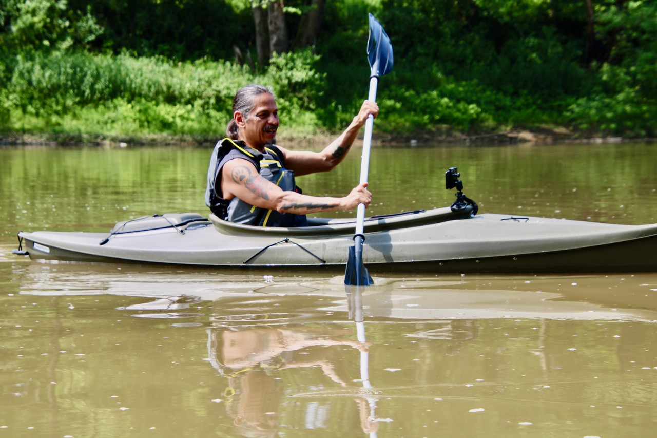 (Rick Miller/Olean Star) Degaweno:da’s, a Seneca Indian member of Defend Ohi’yo, departed from the South Union Street canoe and kayak launch Thursday morning to thank Olean city officials for taking steps to stop sewage overflows into the Allegheny River. He later found heavy rains Wednesday night had produced record sewage overflows into the river.