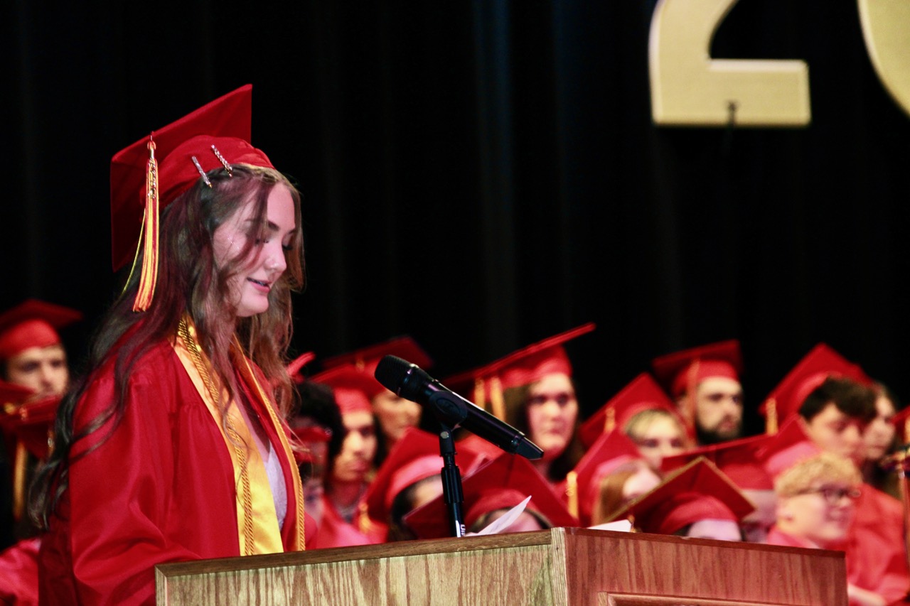 (Rick Miller/Olean Star) Olean High School Valedictorian Aila Shoup addresses classmates, parents, family and school officials during her Valedictory Address Saturday at the 142nd annual Commencement in the high school auditorium.