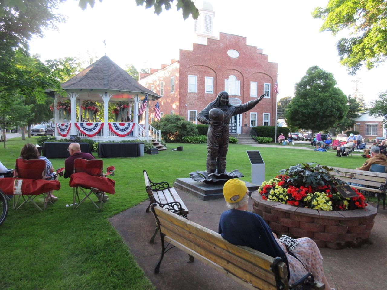 (Rick Miller/Olean Star) A 10-foot bronze statue of astronaut Tracy Caldwell Dyson was dedicated last week at the Ellicottville Gazebo Concert Series. The music continues this weekend with the Ellicottville Summer Music Festival.