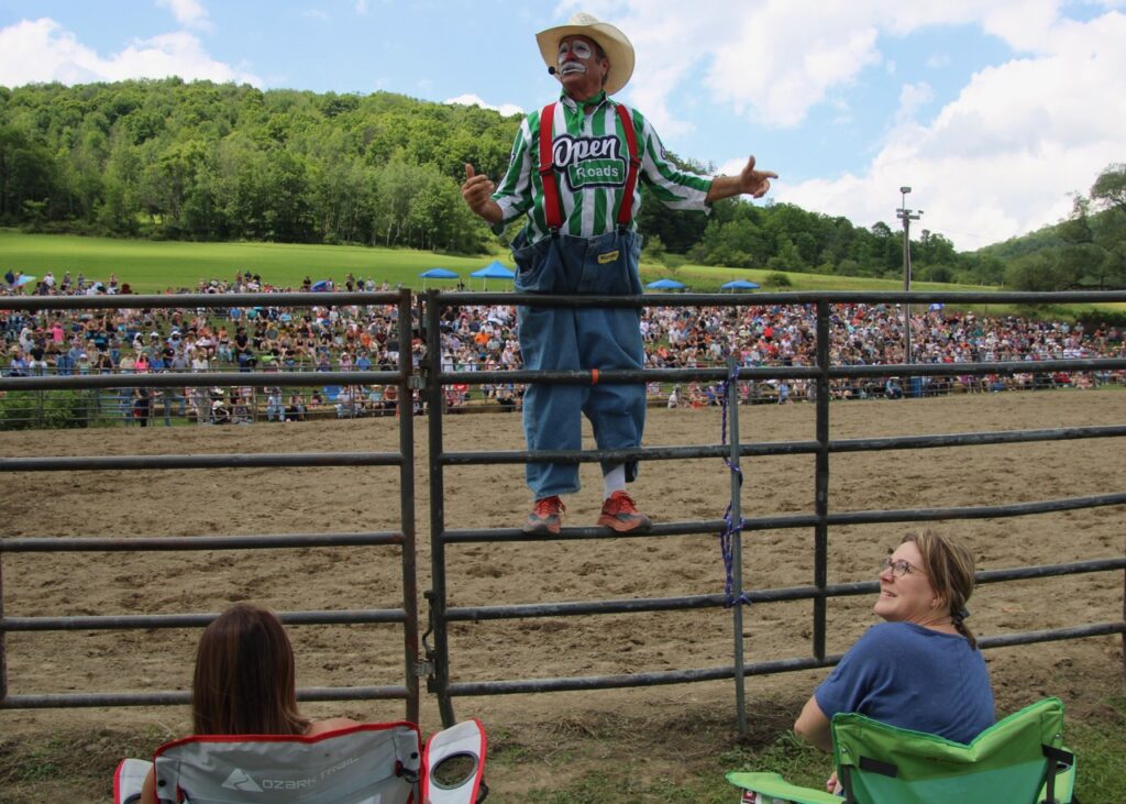 (Rick Miller/Olean Star)  The rodeo clown plays an important role at the rodeo — keeping the crowd interested during the lull between events.