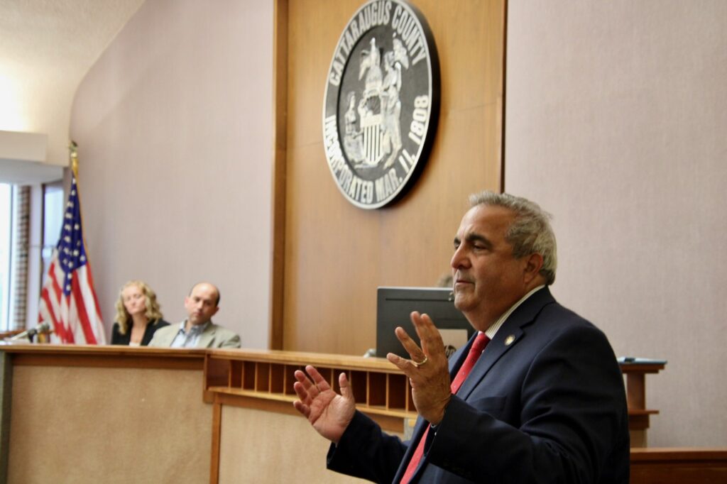 (Rick Miller/Olean Star) Assemblyman Joseph Giglio speaks to Cattaraugus County legislators last week on the failure of the parole system that led to Edward Kindt walking away from a group home in Duchess County where he was serving supervised parole in the murder of Penny Brown in Salamanca in 1999.