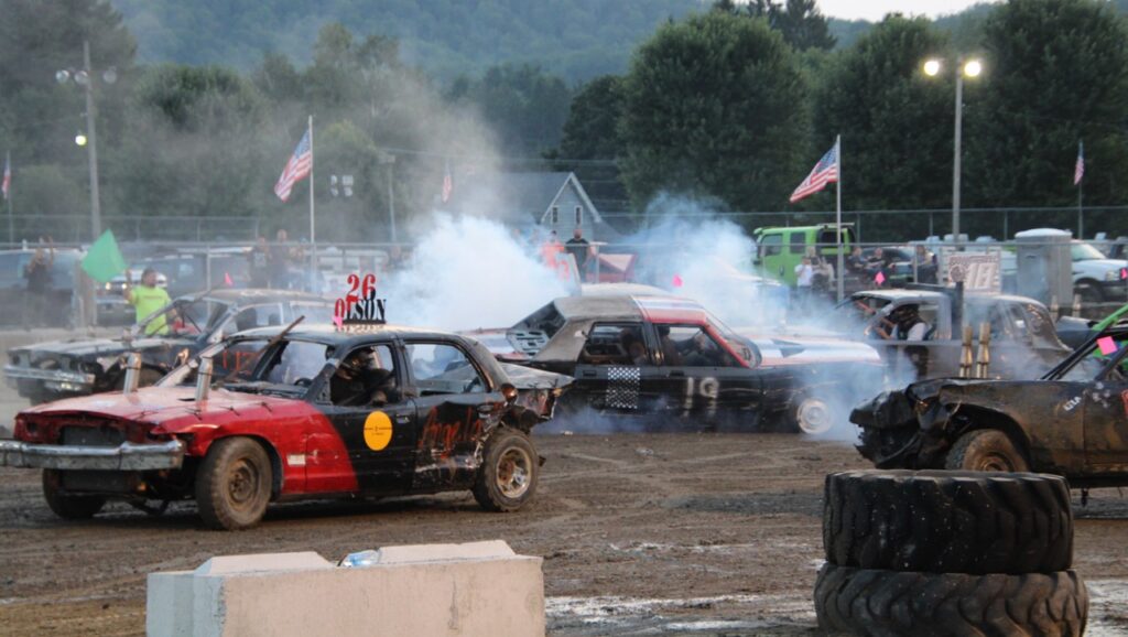 (Rick Miller/Olean Star)
Roaring engines, metal crashing into metal and plenty of smoke were the ingredients for Monday night’s demolition derby at the 181st Cattaraugus County Fair in Little Valley.