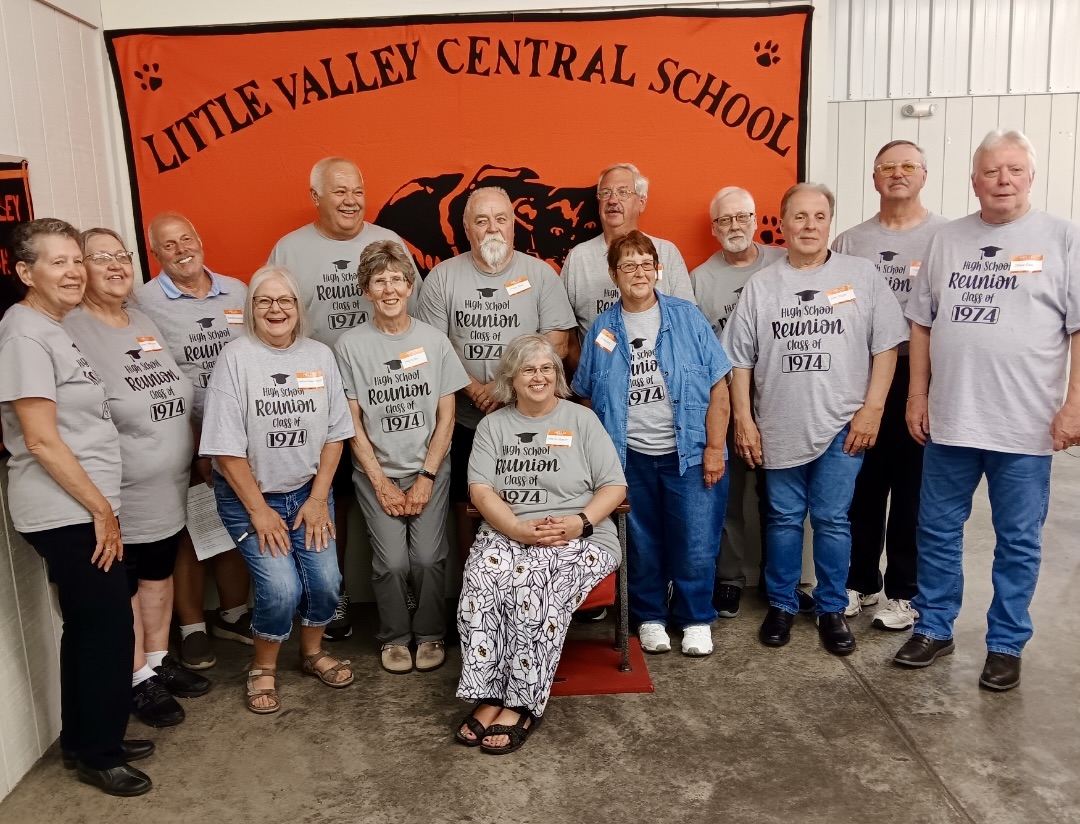 (Photo provided) The Class of 1974 was the honored class at the annual Little Valley Central School Alumni Banquet on June 29 in Little Valley. From left are: Judy Yehl Golley, Nancy Foster Olson, Don Bridenbaker, Charlene Williams Rohwer, Doug Paschen, Amy Butler, Dennis Koch, Diane Orr Shemtov (seated), Greg Peters, Eileen Ellis, George Dykstra, John Krager, Wayne Gloff and Dennis Clark .