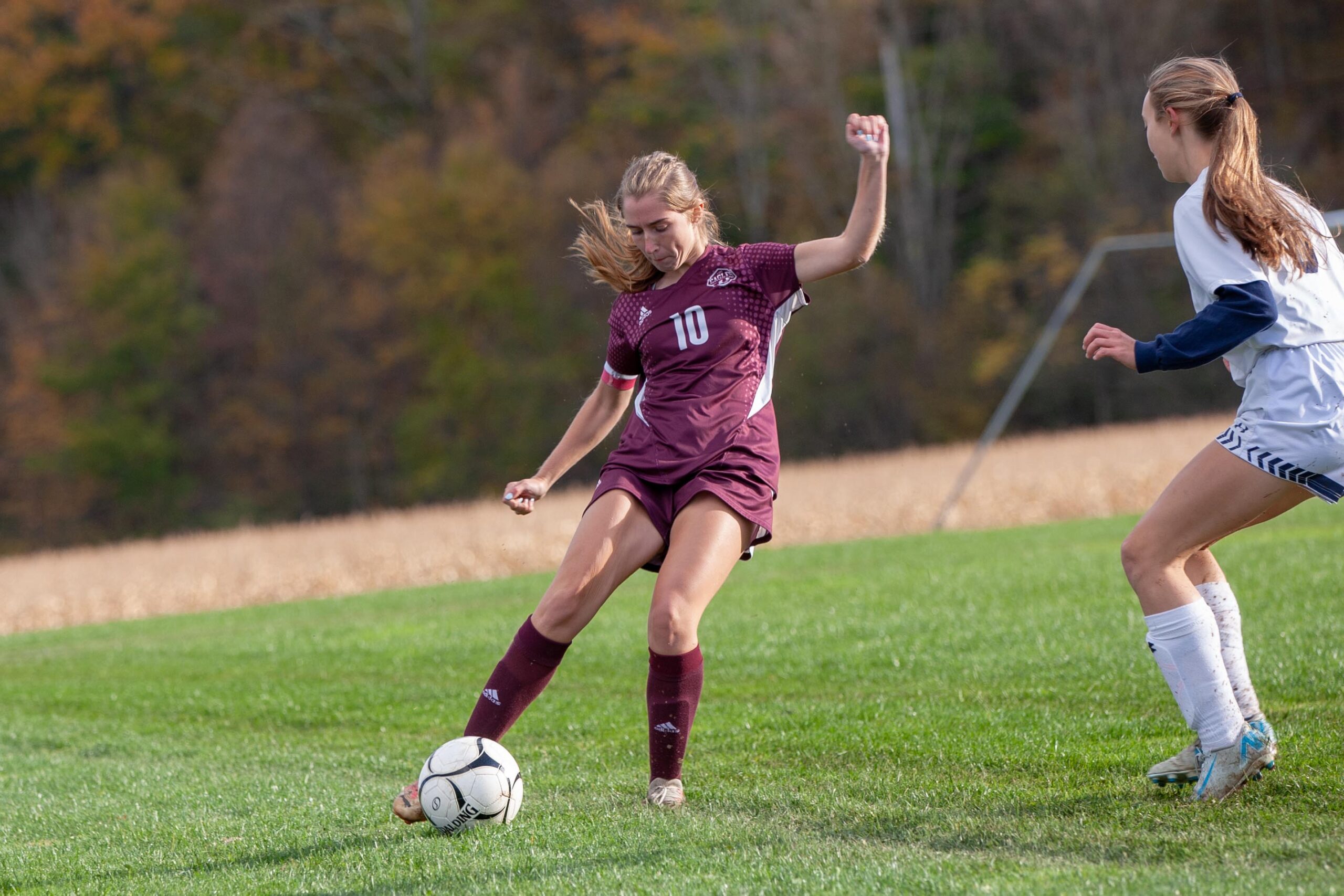 Ellicottville’s Teaghan Finn boots a shot up field during the Lady Eagles shutout win over the Lady Timberwolves. | Photo by Bob Crandall
