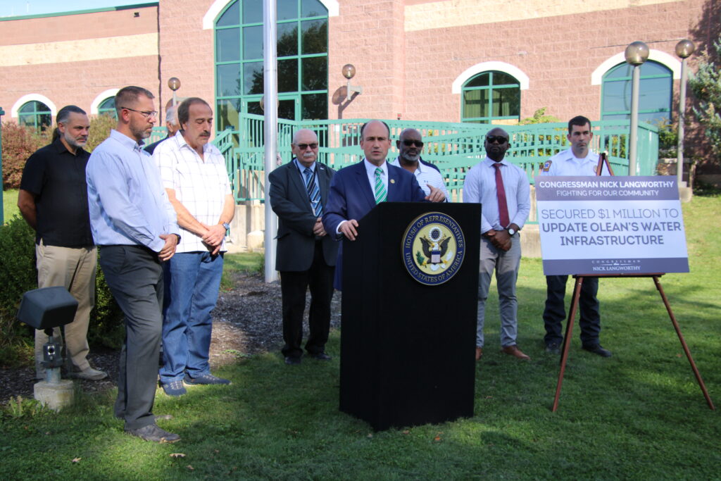(Rick MIller/Olean Star)  Rep. Nick Langworthy held a press conference outside the Olean Water Treatment Plant on RIver Street Thursday to announce $1million in funding he has secured in the House Water and Energy Appropriations Bill.