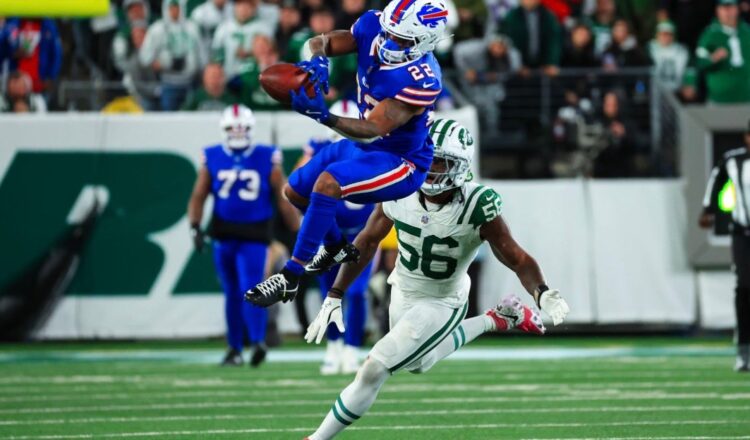 (Photo: Bills rookie Ray Davis with a big catch on a pass from Josh Allen during the Monday Night Football victory. Photo by Bill Wippert/Buffalo Bills)