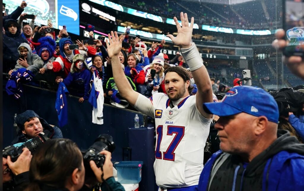 Photo: Seahawks quarterback Geno Smith said it felt like a road game at times. Josh Allen said, “Crowds can be such a big part of it. I do want to shout-out to the Bills Mafia. That was a crazy scene walking off the field to the thousands of fans still here.” Photo by Mike Fiechtner/Buffalo Bills