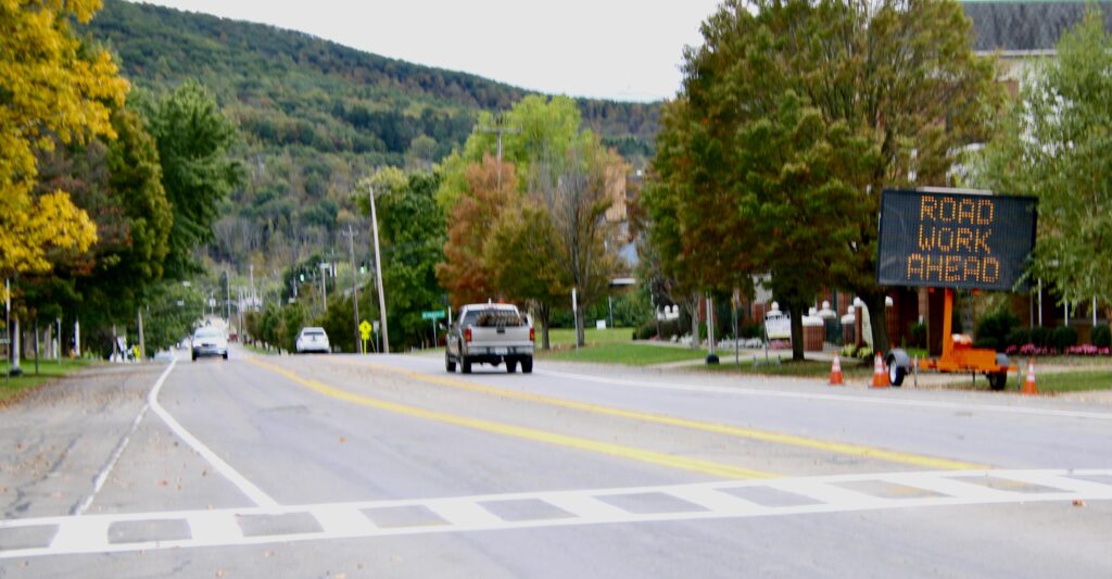 (Rick Miller/Olean Star)
Digital signs at each end of the Walkable Olean IV project on South Union Street notify motorists of the upcoming road work including a roundabout at South Union and Greene streets. The project stretches from State Street to Franchot Boulevard at a cost of $3.3 million.