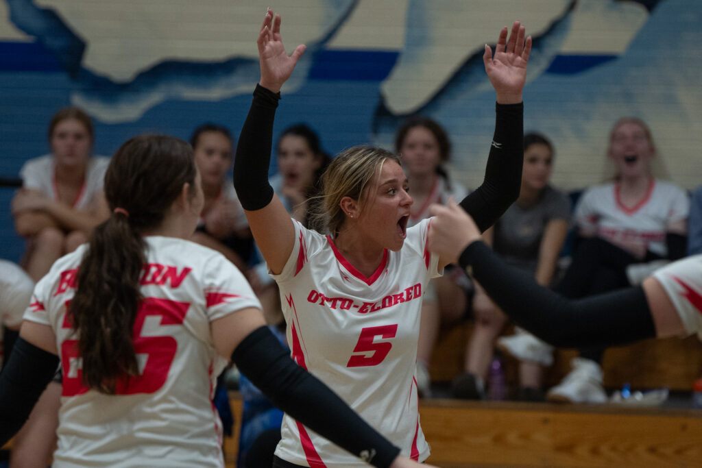 Photo by Hunter O. Lyle Otto-Eldred’s Carrie Drummond celebrates with her teammates after a kill during the Lady Terror’s sweep of Smethport.