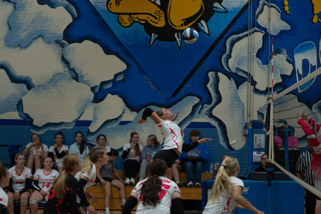 Photo by Hunter O. Lyle  Carrie Drummond rises up for a powerful spike during O-E’s win over Smethport. Drummond ended with a team-high 10 kills, 12 digs, five aces and a block.