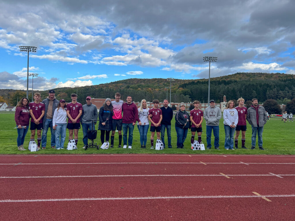 Ahead of their game against the Eagles, the Portville boys soccer team honored their six seniors. Standing on the sidelines with their family is Brady German, Logan Zeigler, Chase Armstrong, Braeden Carter, Wyatt Evans and Owen Faulkner.