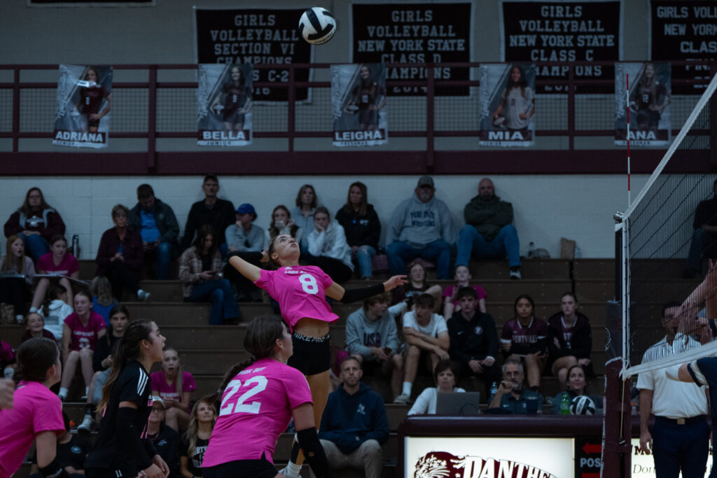 Portville’s Adriana Ensell lifts off for a slam during the Lady Panther’s sweep of Falconer last week. On Monday, Portville swept Southwestern.