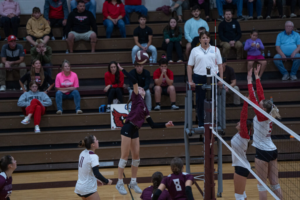 Gaitley Maiolo rises up for a spike during the Lady Panthers’ win over the Lady Cardinals on Wednesday. 