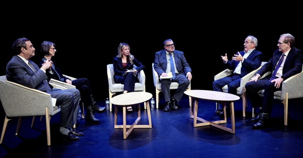 (SBU Photo) Panelists assessing the 2024 presidential race included (from left) SBU alumnus Bob McCarthy, a veteran political reporter and analyst; Dr. Mary Rose Kubal, an associate professor of Political Science; moderators Sydney Labayewski and Richard Lee; Dr. Michael Gallagher, associate professor and chair of the university’s Finance Department; and Dr. Phillip Payne, professor and chair of the History Department.