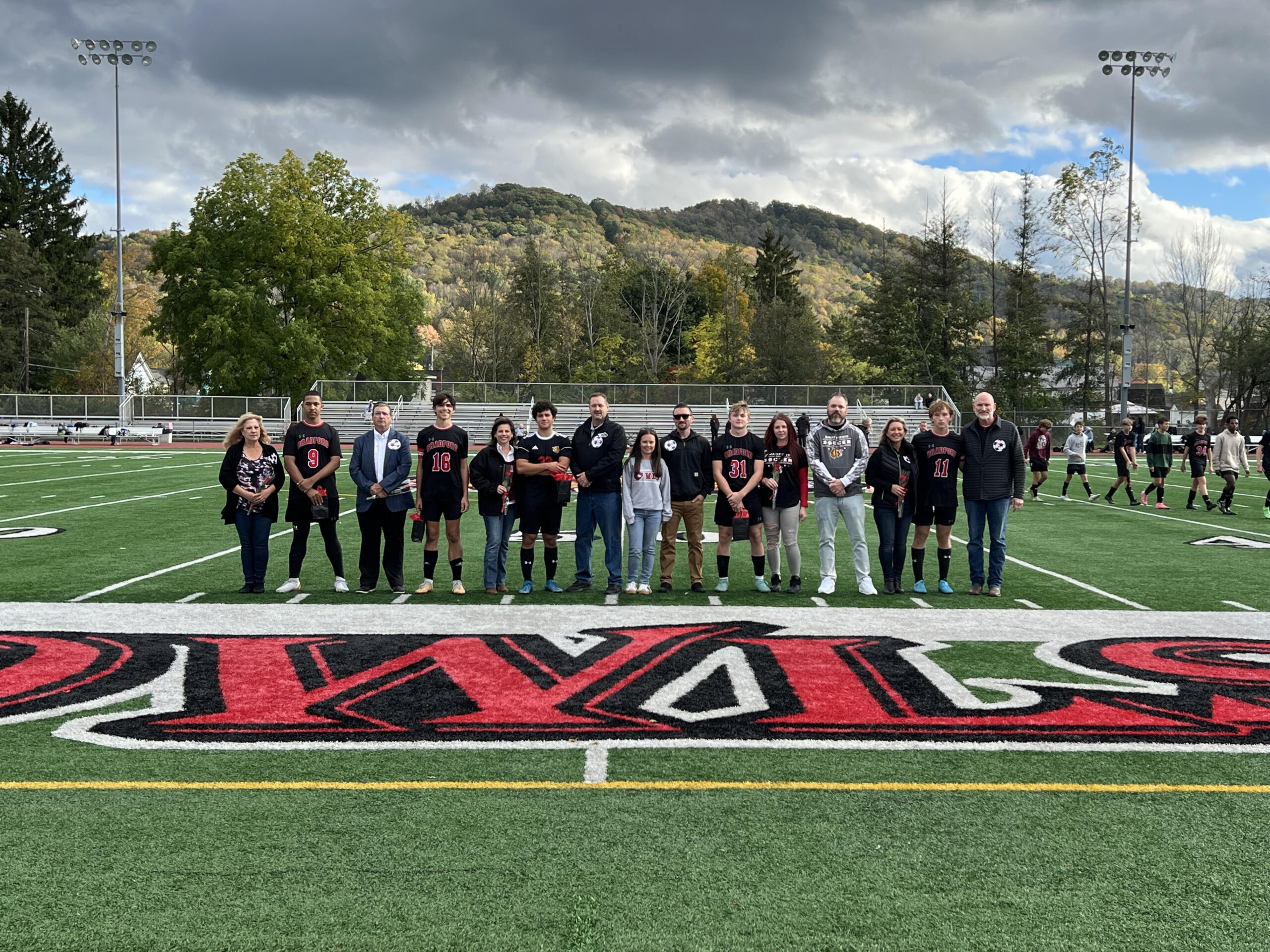Photo by Hunter O. Lyle At halftime, the Bradford boys soccer team recognized their five seniors: Jared Caldwell (left to right), Gabe Tate, Damiano Dal Pas, Aiden Willard and Owen Manion.