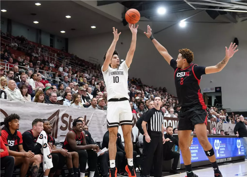 Lajae Jones takes a contested jumper for the Bonnies during their win over Cal State Northridge on Monday. | St. Bonaventure athletics/Craig Melvin