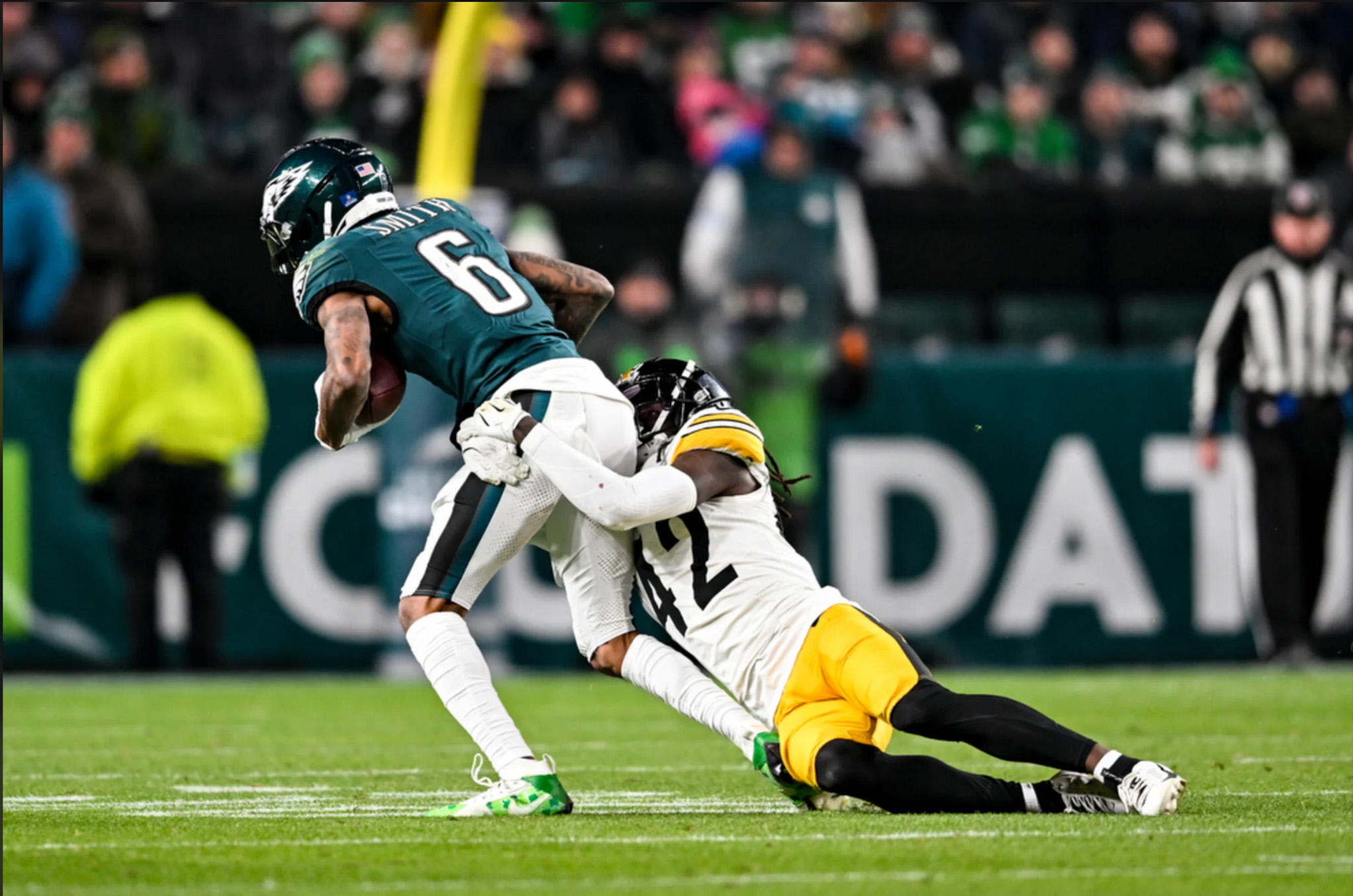 Pittsburgh cornerback James Pierre attempts to drag down Eagles' receiver DeVonta Smith during the Steelers' 27-13 loss on Sunday. | Karl Roser/Pittsburgh Steelers