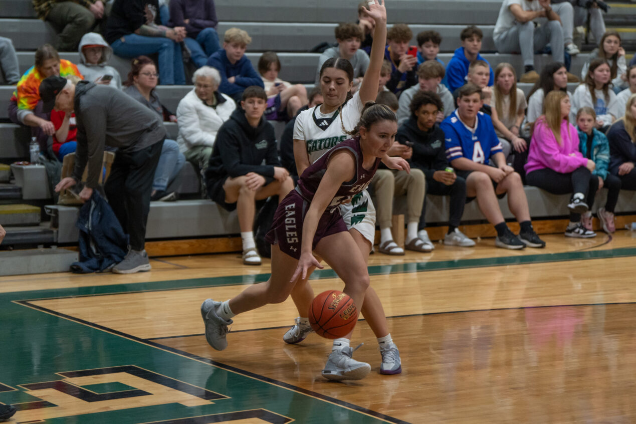 Ellicottville's Natalie Leiper drives along the baseline during the Lady Eagles win over Allegany-Limestone on Saturday. | Photo by Hunter O. Lyle