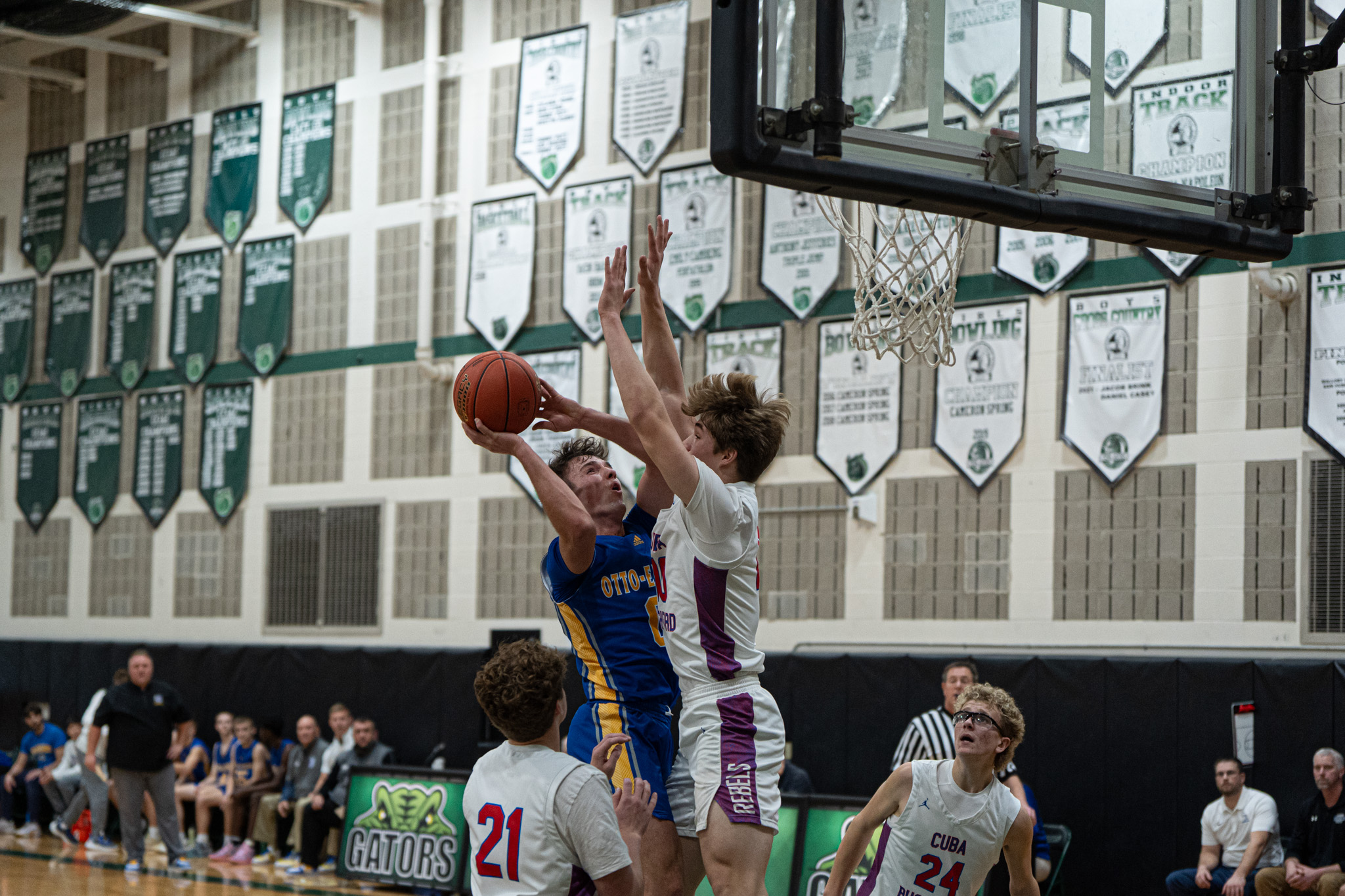 Manning Splain takes attacks the rim during Otto-Eldred's win over Cuba Rushford on Saturday, Dec. 28. On Tuesday, Splain scored 27 in a win over Port Allegany. | File photo by Hunter O. Lyle