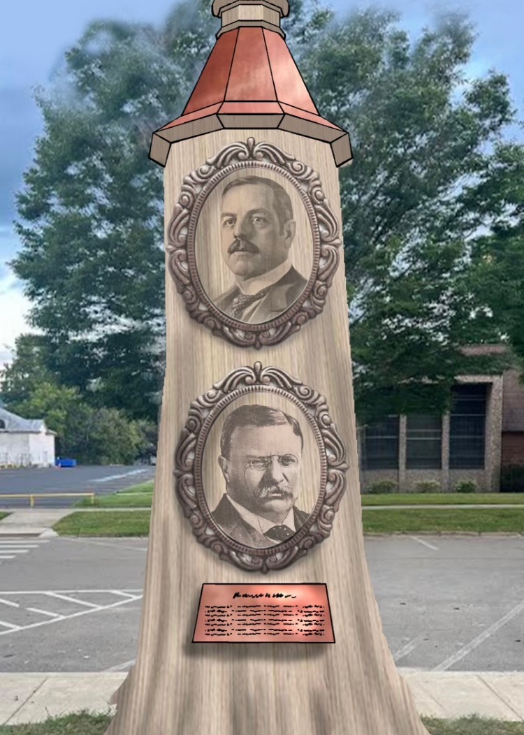 (Olean Historical and Preservation Society) This is the monument to President Teddy Roosevelt and New York Gov. Frank W. Higgins the Olean Historical and Preservation Society hopes to make from a Lincoln Park oak tree the two leaders planted in 1906.