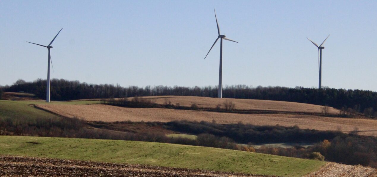 (Rick Miller/Olean Star) Wind turbines spin at a wind farm in Madison County in Central New York, near Munnsville.