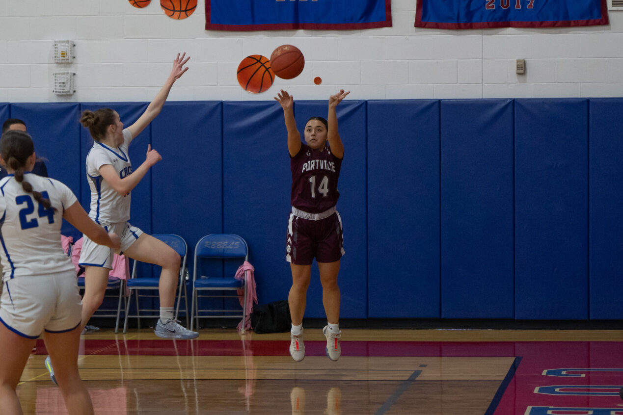 Portville's Emma Rhinehart takes a shot from beyond the arc during the Lady Panthers 33-23 win over Cuba Rushford on Tuesday. | Photo by Hunter O. Lyle