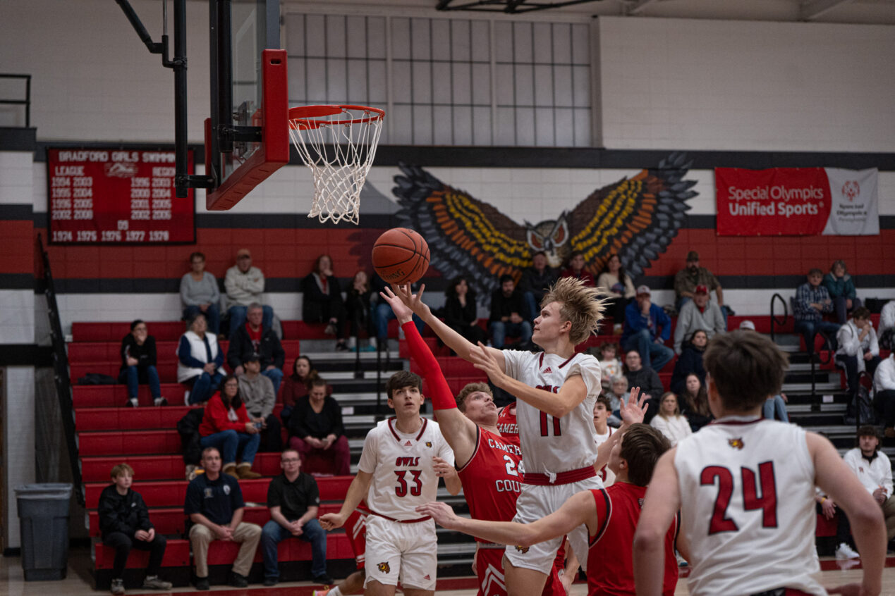 Bradford's Marcus Terwilliger stretches out for a layup during the Owls' 43-41 loss to Cameron County on Monday. Terwilliger would finish with 10 points. | Photo by Hunter O. Lyle