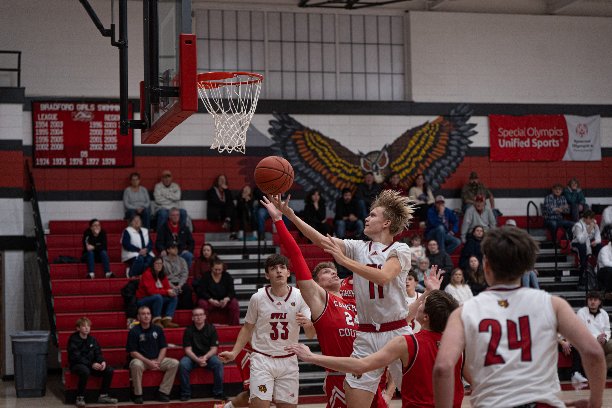 Bradford's Marcus Terwilliger stretches out for a layup during the Owls' 43-41 loss to Cameron County on Monday. Terwilliger would finish with 10 points. | Photo by Hunter O. Lyle