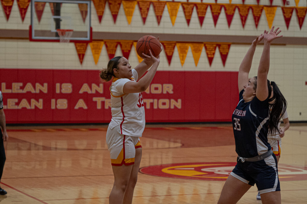 Olean's Lakya Muall takes a jumper from beyond the arc during the Lady Huskies' 65-20 loss to Southwestern. | Photo by Hunter O. Lyle
