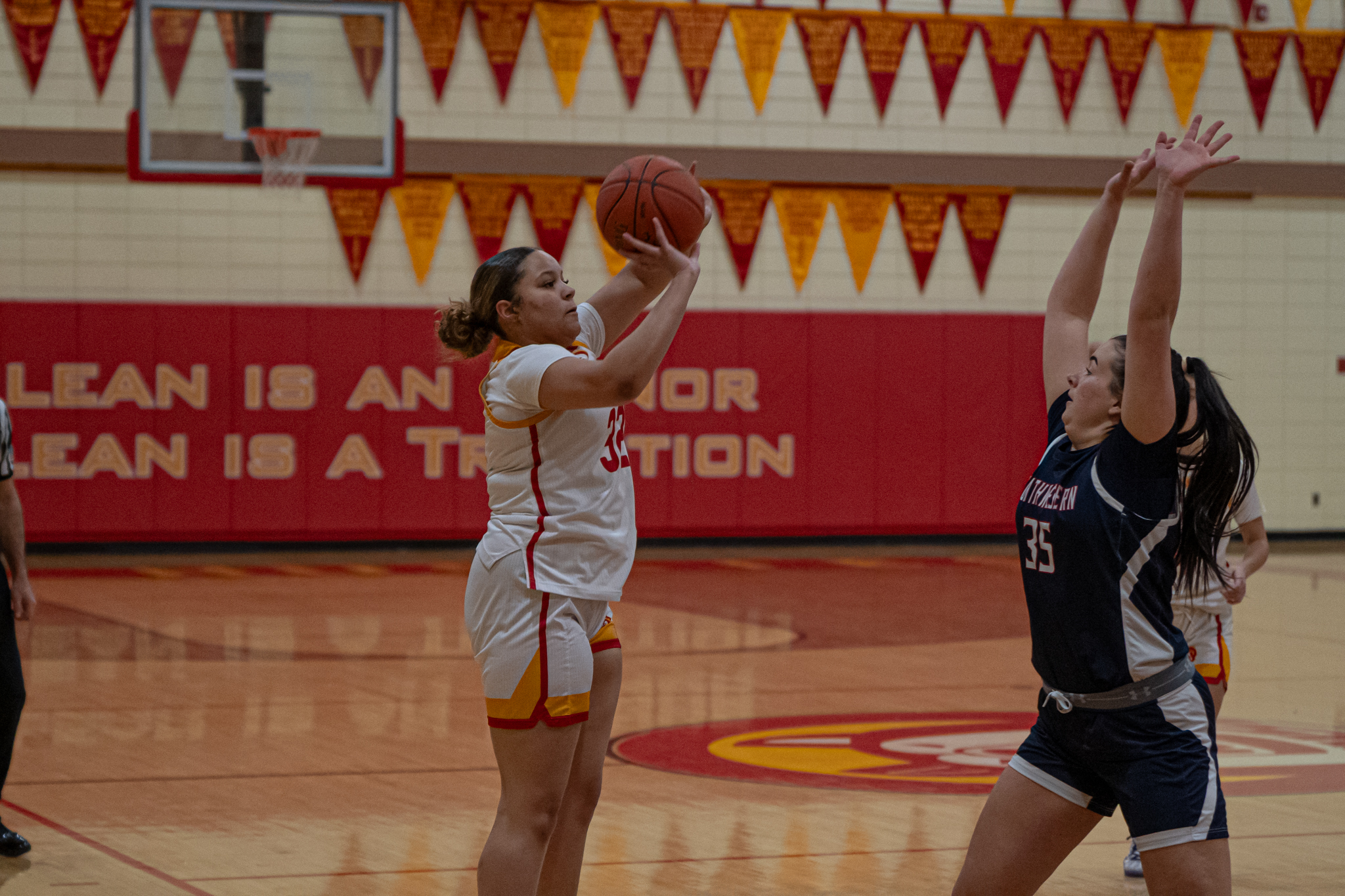Olean's Lakya Muall takes a jumper from beyond the arc during the Lady Huskies' 65-20 loss to Southwestern. | Photo by Hunter O. Lyle
