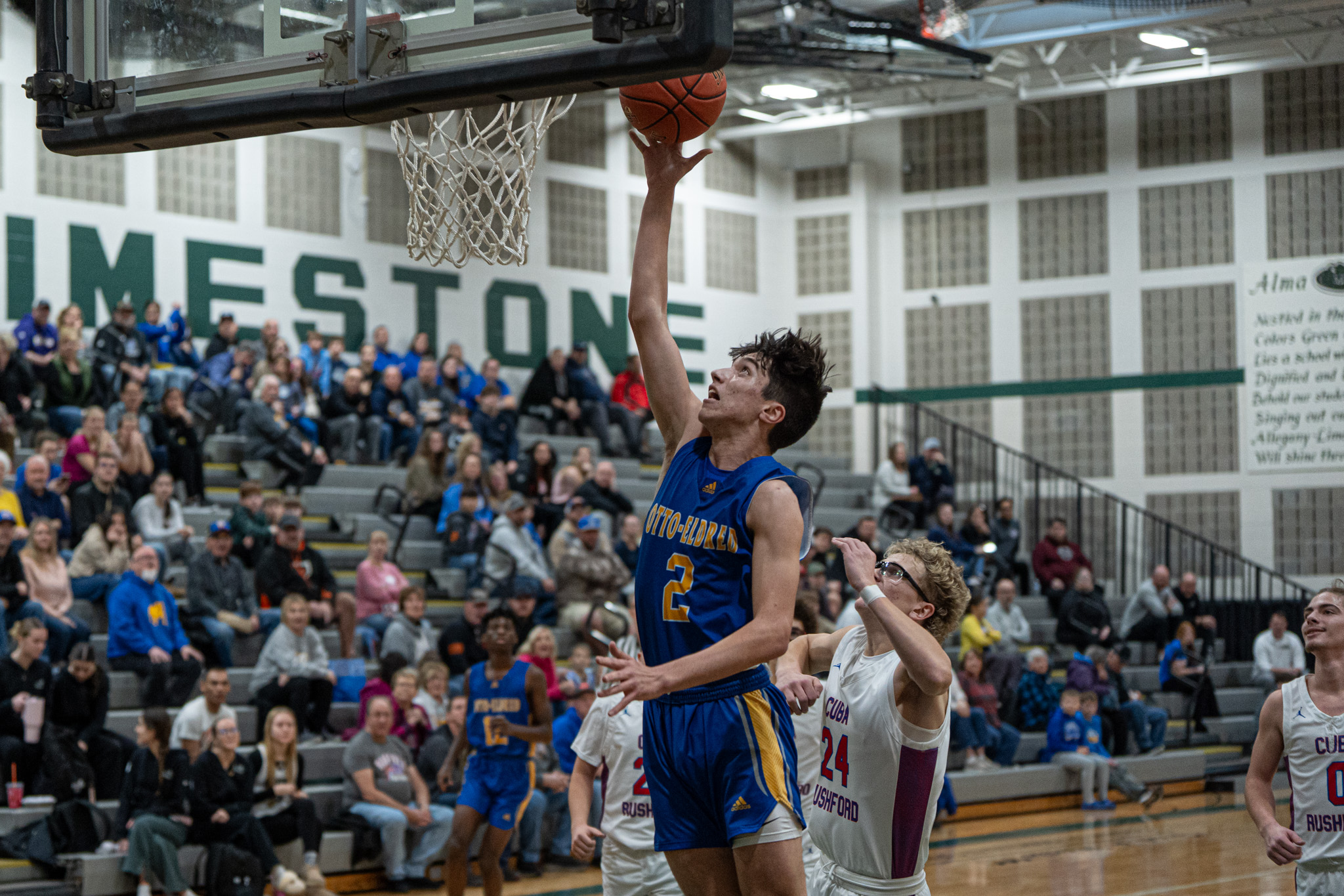 O-E's Davey Schenfield goes up for a layup during the Terrors' win over Cuba-Rushford during the DeCerbo Memorial Showcase. On Thursday, Schenfield scored a career-high 27 points. | Photo by Hunter O. Lyle