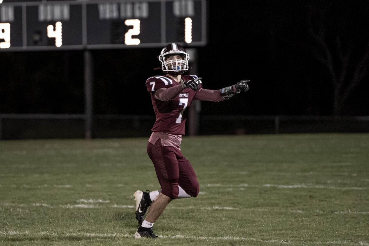 Defensive back Aidan DeFazio tracks the flight of the ball during the Portville football team's 28-6 win over Fredonia on Friday, Oct. 11. | File photo by Hunter O. Lyle