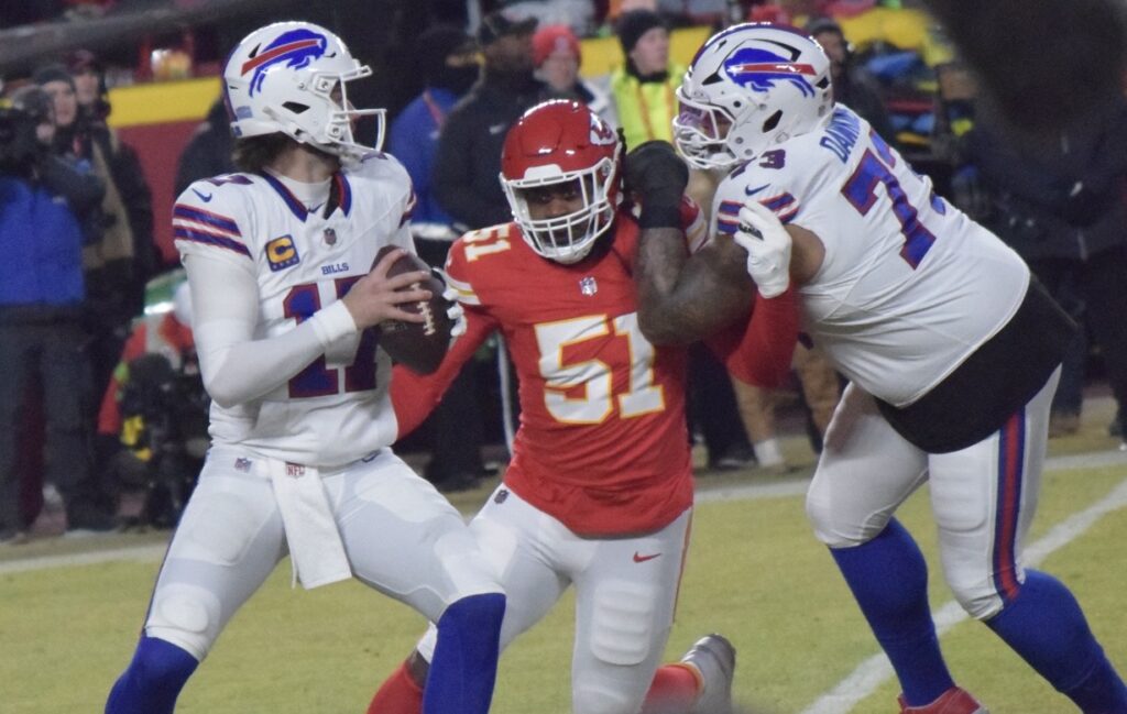 Dion Dawkins protects Josh Allen, who went 22-of-37 passing for 237 yards and two touchdowns. John Anderson photo
