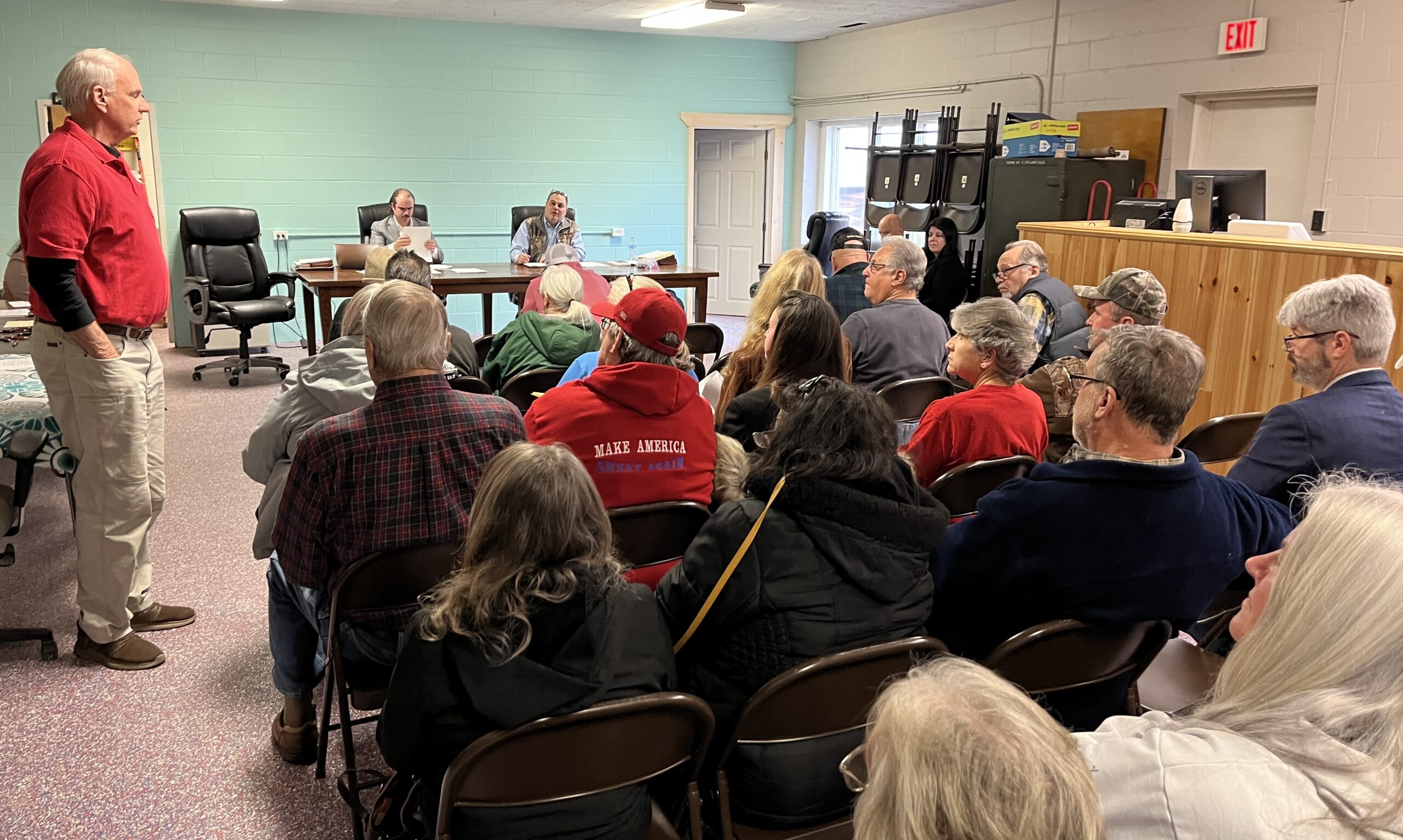 (Rick Miller/Olean Star) William Snyder, president of Farmersville United, a group opposed to the proposed 340-megawatt Alle-Catt Wind Farm, speaks at a hearing by the Cattaraugus County Industrial Development Agency Monday on tax breaks for the wind farm.