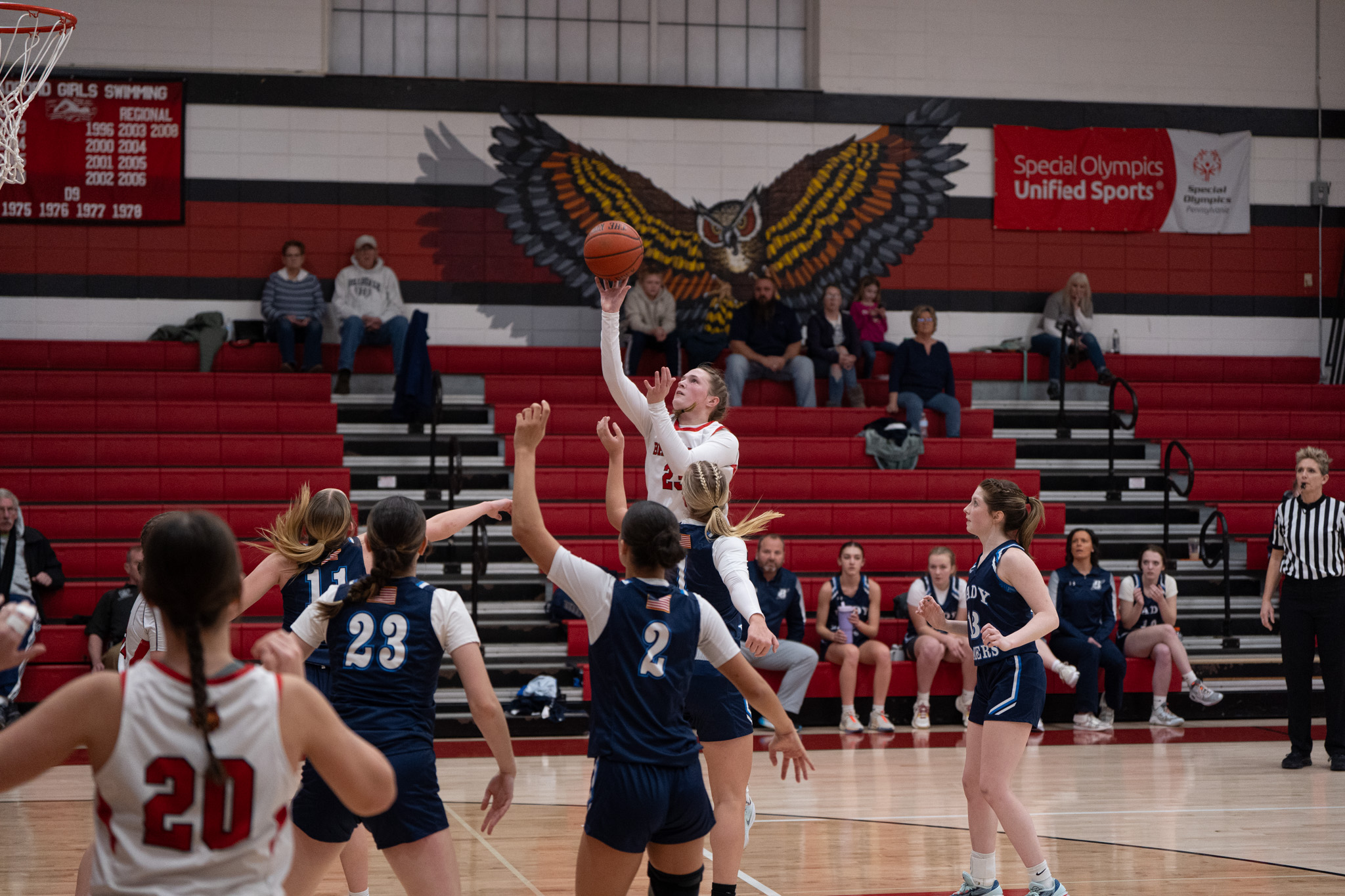 Bradford's Hayley Keane tosses up a floater during the Lady Owls 38-25 loss to Brookville. | Photo by Hunter O. Lyle