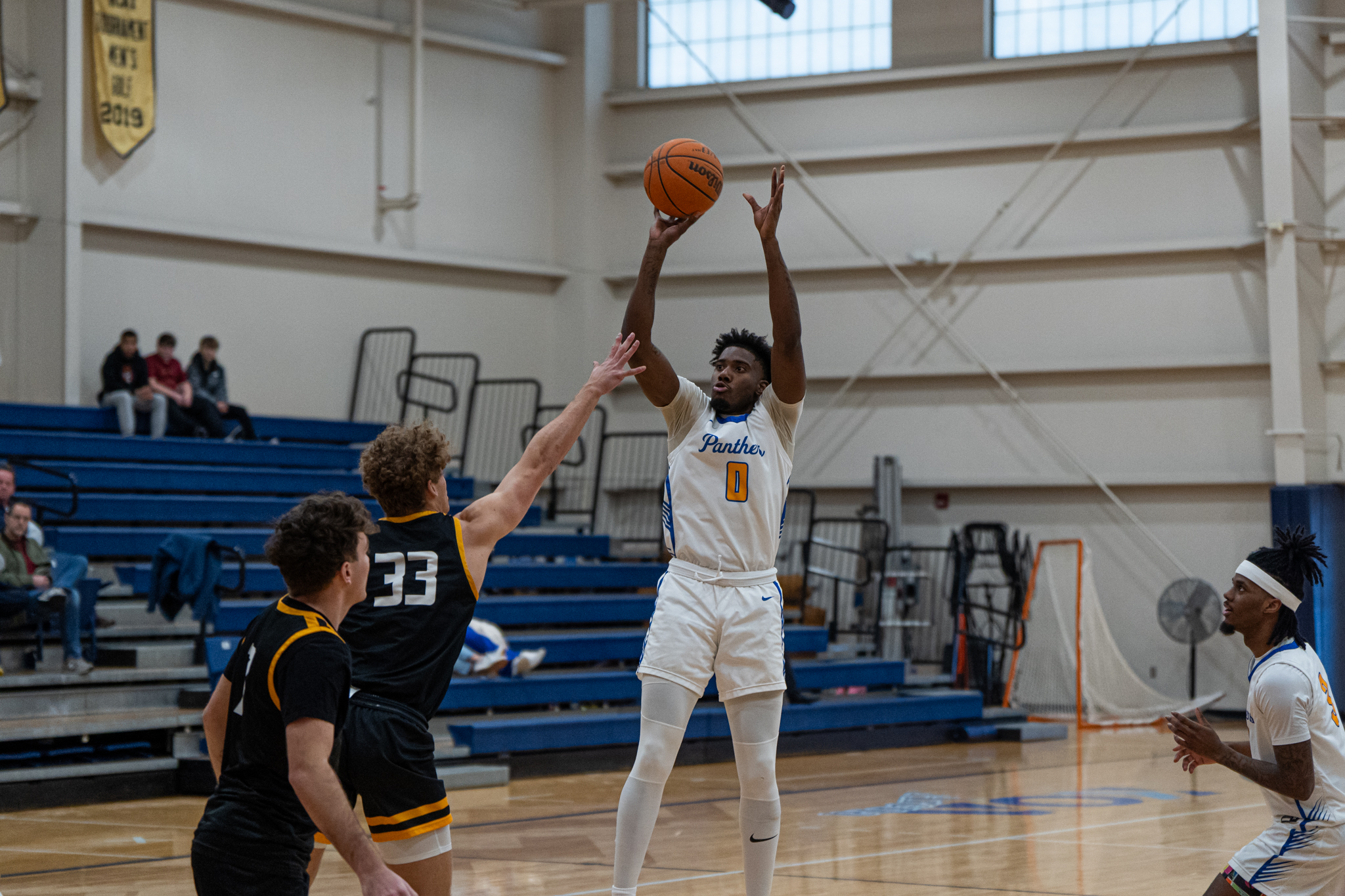 Pitt-Bradford's Jamarion Butler takes and makes a fade away jump shot during the Panthers' 98-93 win over the Bobcats. | Photo by Hunter O. Lyle