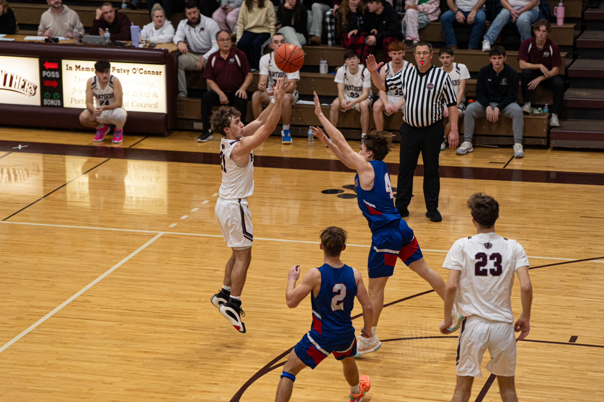 Aidan DeFazio takes and makes a contested 3-pointer during the Panthers' 64-24 win over Cassadaga Valley. | Photo by Hunter O. Lyle