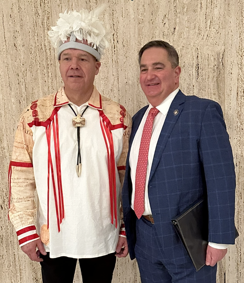 Seneca Nation President J. Conrad (left), who met with State Sen. George Borrello in Albany last week, accused New York of dragging its feet on gaming compact negotiations.