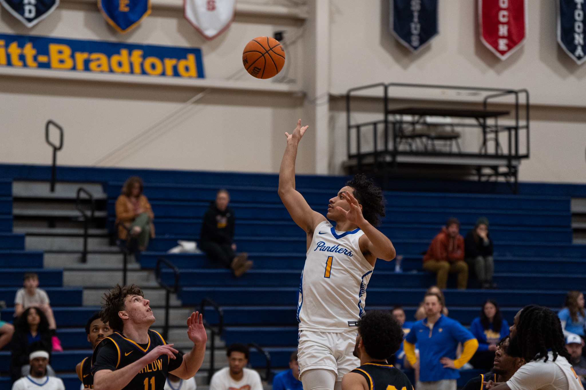 Pitt-Bradford's Jeremy Rodriguez tosses up a floater during the Panthers; 124-101 win over Carlow. | Photo by Hunter O. Lyle