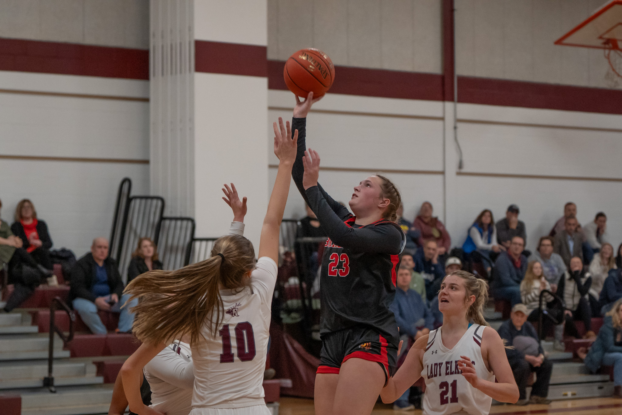 Bradford's Hayley Keane takes a contested floater during the Lady Owls' season-opening loss to Ridgway on Tuesday, Dec. 3. Recently, Keane dropped 17 points and 20 rebounds in the championship game of the Kane Holiday Tournament. | Photo by Hunter O. Lyle