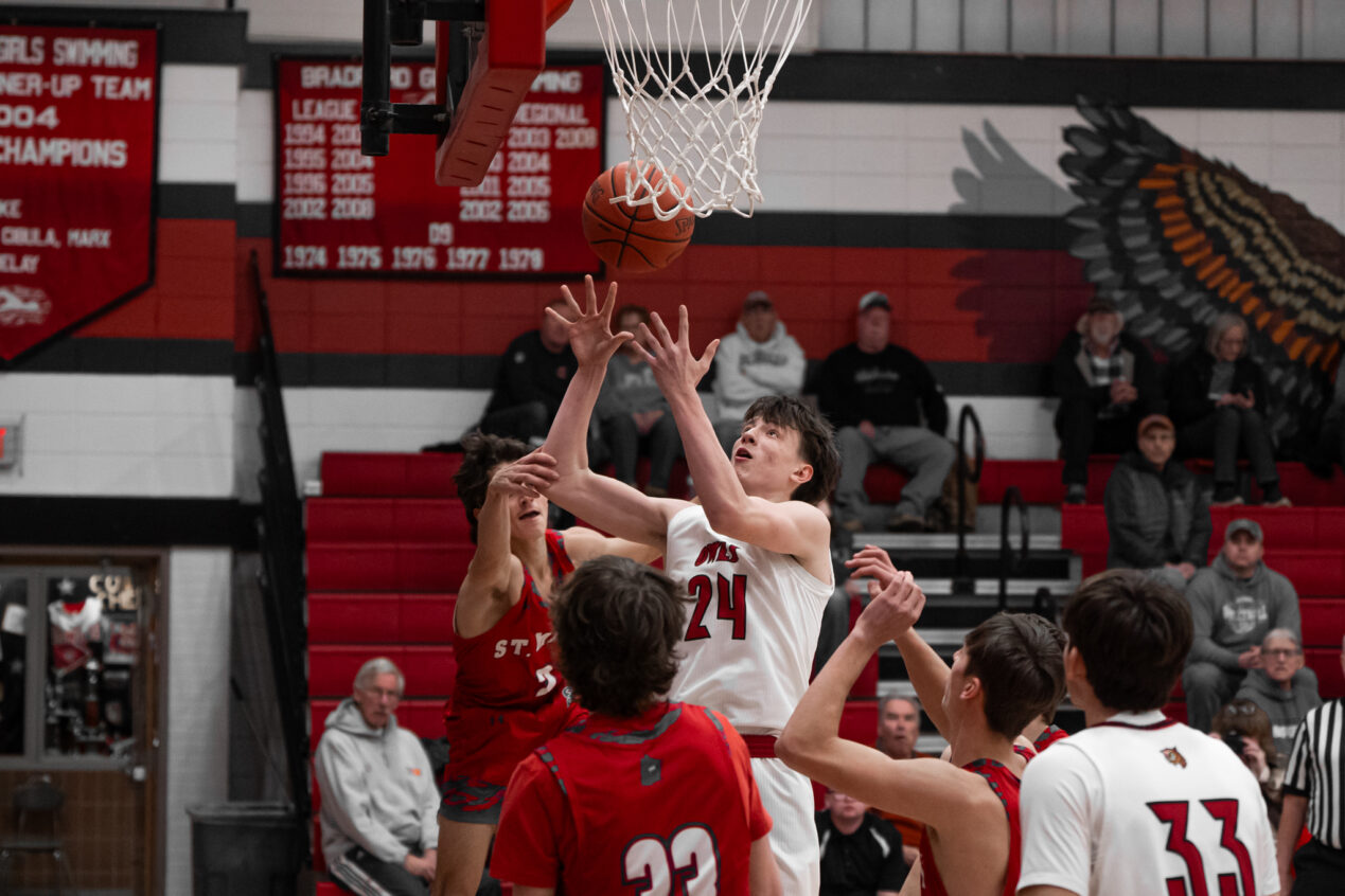 Braford's Carter Roulo is fouled during the Owls' 54-44 loss to St. Marys on Wednesday, Jan. 29. Bradford will meet the Dutch again on Thursday during the District 9 Class 4A semifinals. | File photo by Hunter O. Lyle